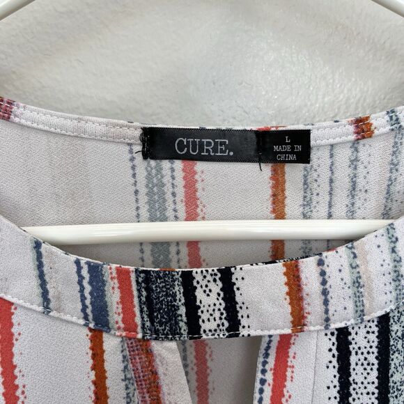 Cure | Keyhole Striped Short Sleeve Top Blouse Blue Red Stretch Size Large - Picture 3 of 7